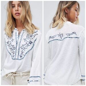 Free People Sundance Kid Western Boho Embroidered Henley Top Linen Blend M